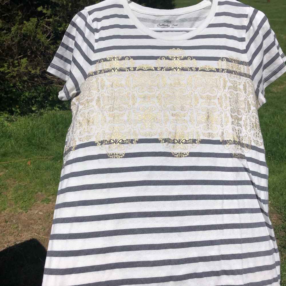 SOLD!!!!! J. Crew tee grey white stripes gold logo